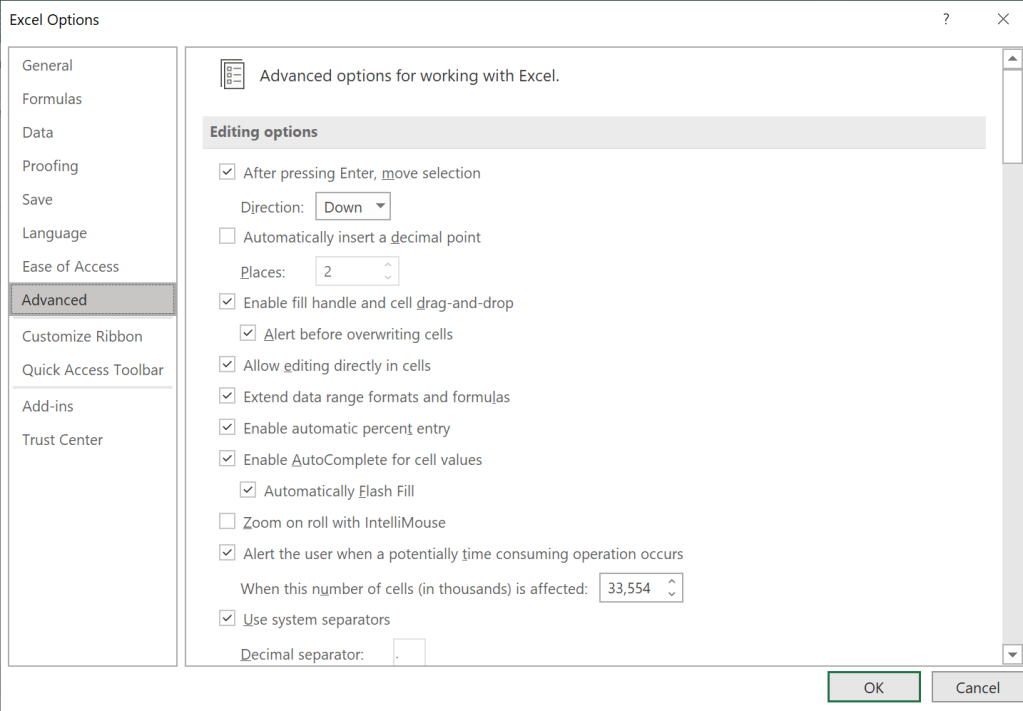 image of advanced options for working in Excel, displaying multiple editing options.